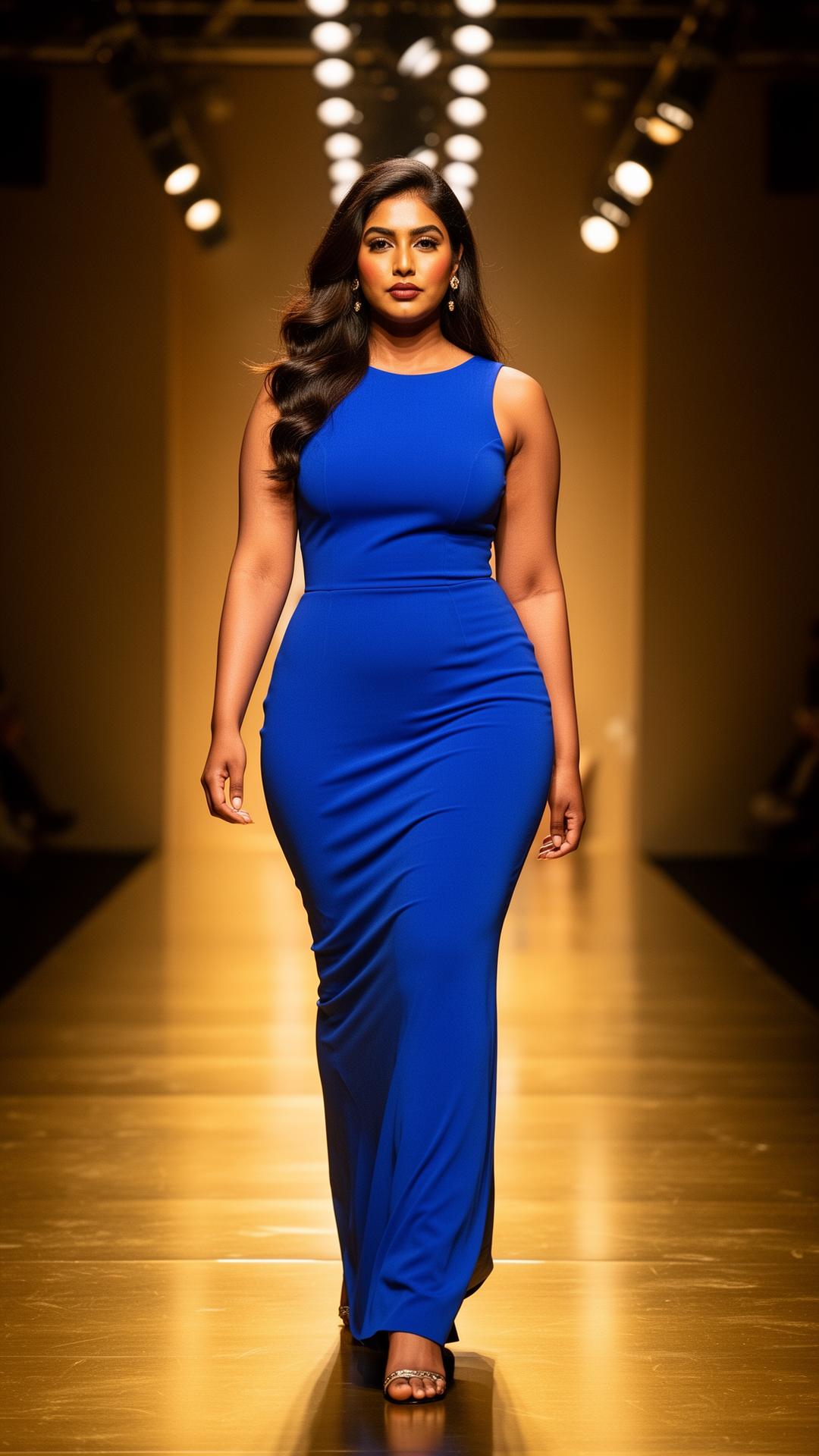 Confident curvy fashion model in royal blue dress on luxury runway